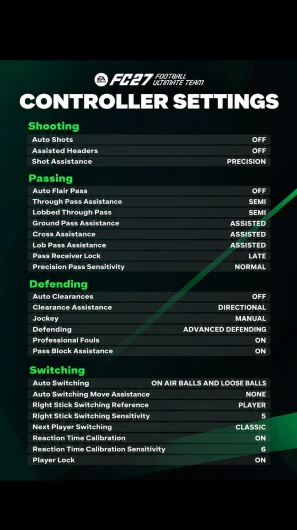 FC 27 Shot Assistance setting with Assisted, Precision and Manual options