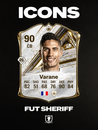 Raphael Varane 90 rated Champion ICON card in FC 27 with 90 defending