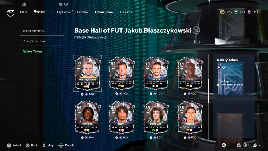 EA FC 27 Gallery Token Store listing Hall of FUT players including Pato, Hulk and David Luiz with Token prices
