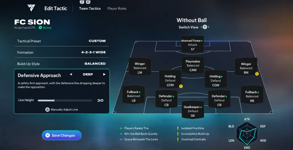 FC 27 custom tactics screen showing the defensive approach options and line height slider