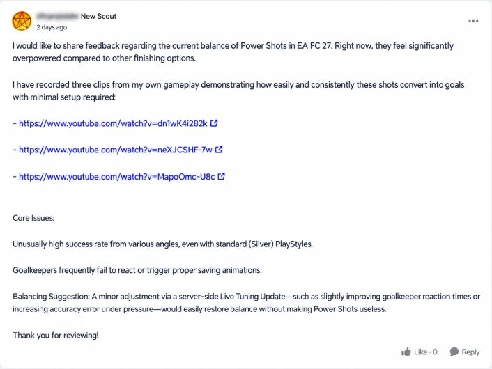 EA Forums thread asking for FC 27 power shots to be balanced via Live Tuning