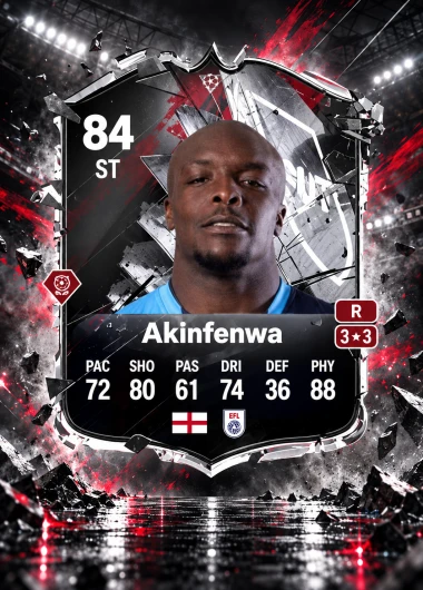 Adebayo Akinfenwa 84 rated FC 27 Hall of FUT card with 88 physical and Enforcer Plus