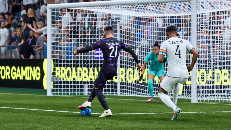 FC 27 Low Driven Power Shot skimming under a diving goalkeeper after a double tap of shoot