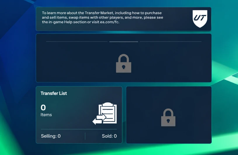 FC 27 Web App Transfer Market locked message on a new Ultimate Team account