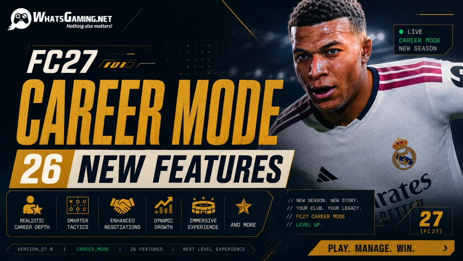 EA SPORTS FC 27 Career Mode overhaul — manager on the touchline under stadium floodlights