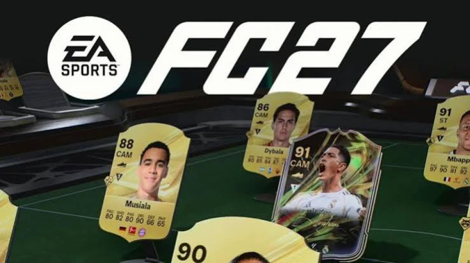 EA Sports FC 27 Ultimate Team graphic featuring player cards for Musiala, Dybala, Bellingham, and Mbappé displayed on a football pitch.