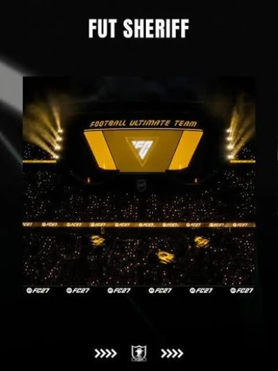 FUT Sheriff graphic showing a Football Ultimate Team pack-opening scene with a glowing gold-and-black FUT stage and FC 27 branding.
