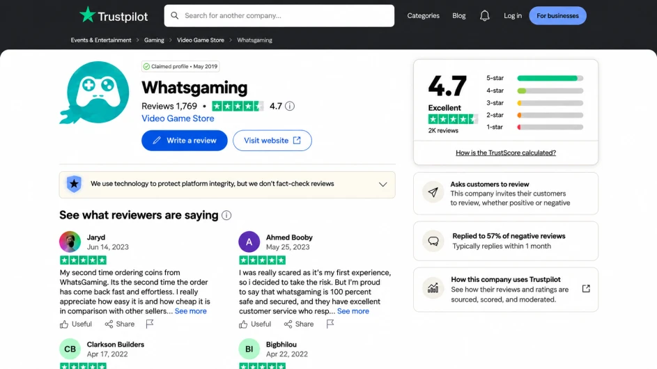 WhatsGaming Trustpilot profile showing a 4.7 TrustScore from 1,768 reviews
