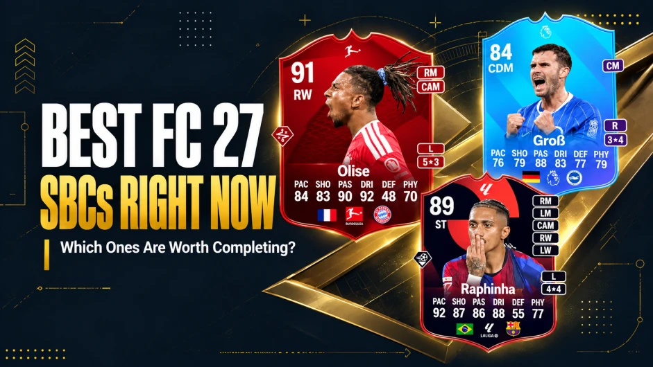 Best FC 27 SBCs Right Now thumbnail featuring Olise, Groß, and Raphinha player cards, with the subtitle “Which Ones Are Worth Completing?