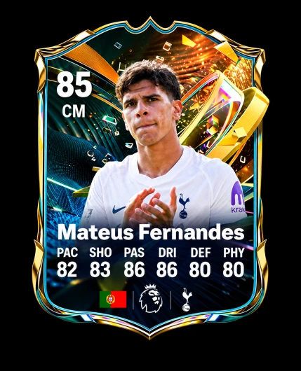 Mateus Fernandes FC 27 Destined for Glory card rated 85 overall