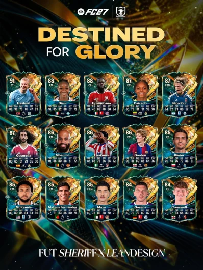 Leaked FC 27 Destined for Glory Team 2 squad graphic with Haaland, Diani, Upamecano, Caicedo and Cucurella