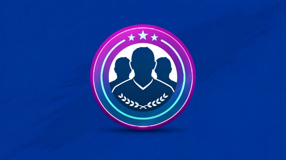 FC 27 Streamlined SBC logo featuring three player silhouettes inside a circular blue, purple, and pink emblem with three stars and a laurel wreath on a blue background.