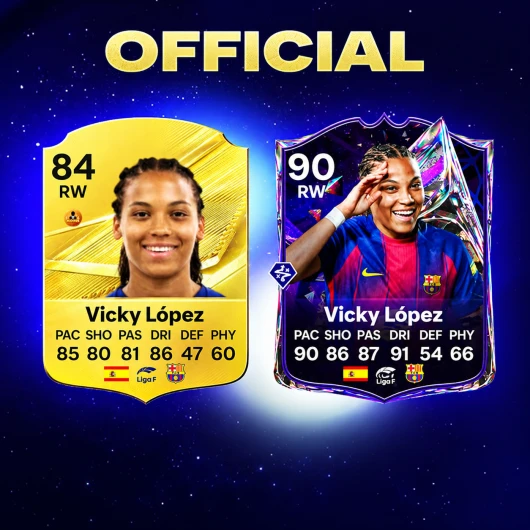 EA FC 27中Vicky López 90 Future Stars卡与她的84金卡并排