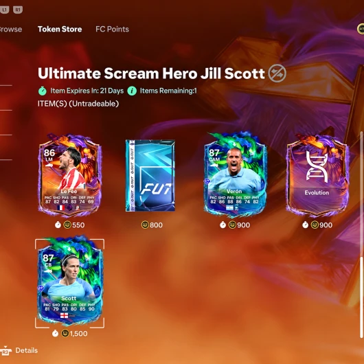 A Ultimate Scream Token Store do FC 27 com Jill Scott por 1.500 tokens e Verón por 900