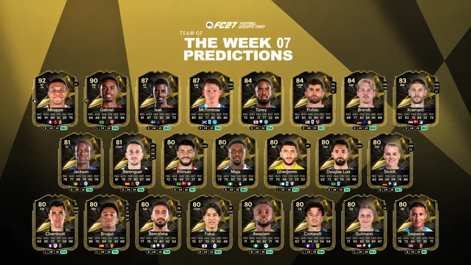 FC 27 TOTW 7 squad with Kylian Mbappé 92, Gabriel 90 and Klara Bühl 89