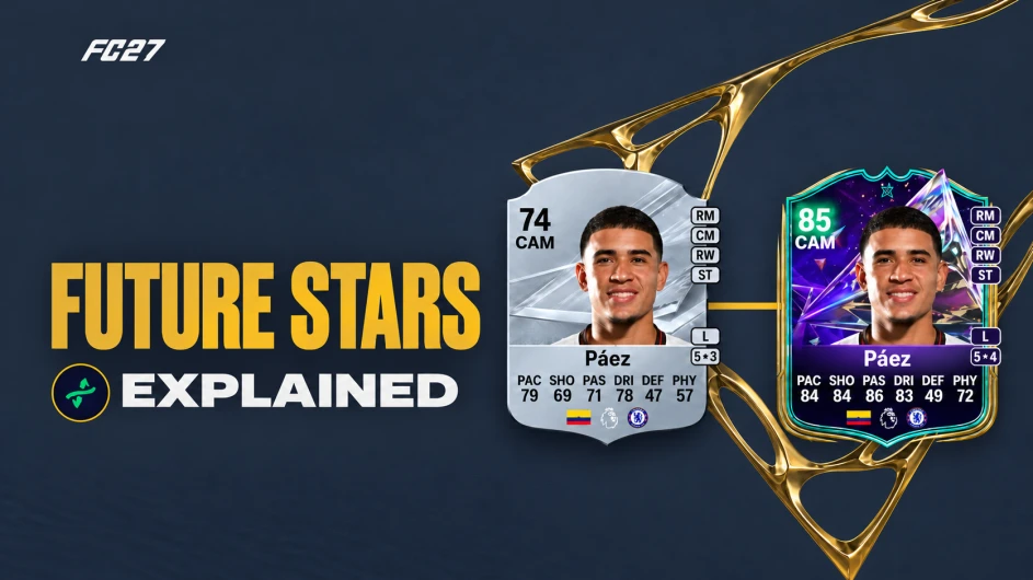 FC 27 Future Stars Explained graphic with two Páez player cards on a dark slate background with gold accents