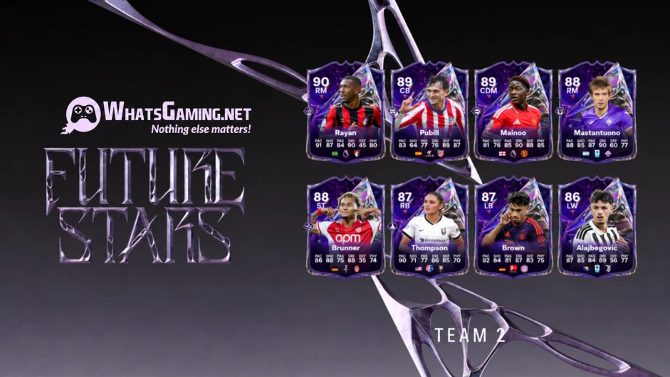 WhatsGaming.net Future Stars — Team 2 graphic with eight football player cards in two rows against a dark purple background