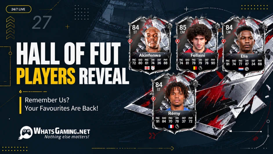 Dark navy football gaming blog cover featuring four Hall of FUT player cards: Akinfenwa (84 ST), Fellaini (85 CM), Elia (84 LW), and Rémy (84 ST). Bold white and yellow text reads “HALL OF FUT PLAYERS REVEAL,” with “Remember Us? Your Favourites Are Back!” below. Metallic black, white, and red card d