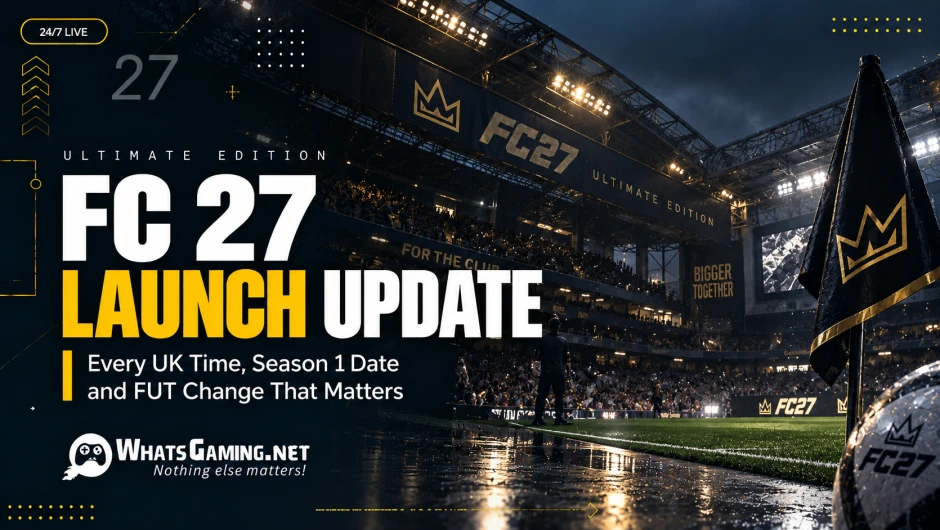 **Alt text:** Cinematic FC 27 launch update blog cover showing a hyper-realistic football stadium at night with dramatic floodlights, cheering crowd, wet pitch reflections, and FC27 banners. Bold white and gold text reads “FC 27 LAUNCH UPDATE,” with the subtitle “Every UK Time, Season 1 Date and FUT