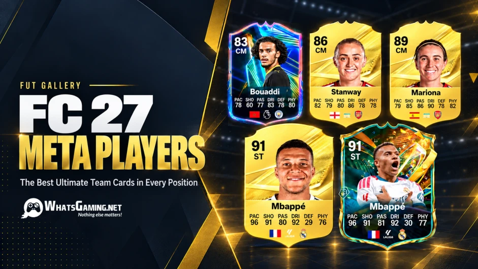 Wide navy-and-gold FC 27 blog cover. The left side reads “FC 27 Meta Players” and “The Best Ultimate Team Cards in Every Position,” with the WhatsGaming.net logo below. Five player cards appear on the right: Bouaddi, Stanway, and Mariona above two Mbappé cards.
