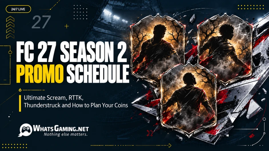 FC 27 Season 2 promo schedule cover featuring three dramatic football player cards, with the headline “FC 27 Season 2 Promo Schedule” and subtitle “Ultimate Scream, RTTK, Thunderstruck and How to Plan Your Coins.”