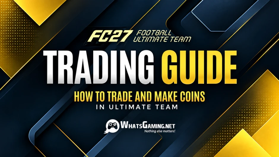 FC 27 Trading Guide cover with gold player cards, coin stacks and a rising market chart