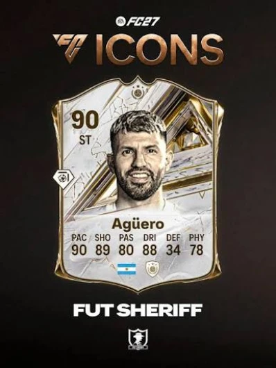 Sergio Aguero 90 rated Champion ICON card in FC 27 with Finesse Shot Plus