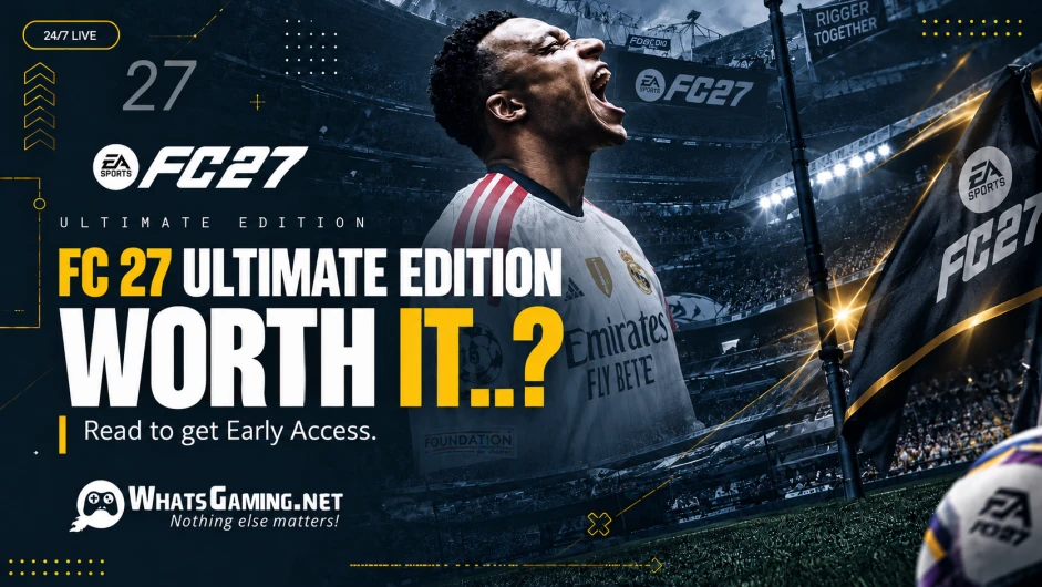 FC 27 Ultimate Edition gaming blog cover featuring Kylian Mbappe celebrating in a dark stadium, with bold white and gold text reading “FC 27 Ultimate Edition Worth It..?” and “Read to get Early Access.” The design uses a dark navy and gold esports theme with EA SPORTS FC27 branding, stadium lights,