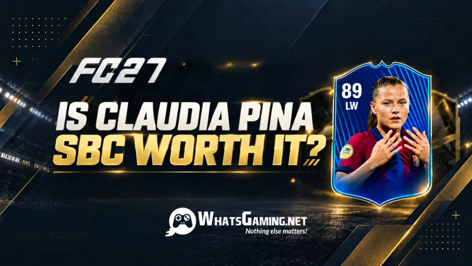 FC 27 blog cover featuring Claudia Pina’s blue POTM card beside the headline “Is Claudia Pina SBC Worth It?”, with the WhatsGaming.net logo below.