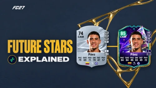 FC 27 Future Stars Explained graphic with two Páez player cards on a dark slate background with gold accents