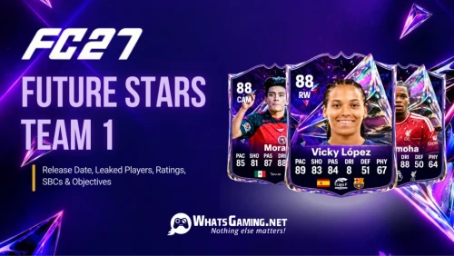 FC 27 Future Stars Team 1 graphic featuring purple-themed Future Stars player cards, with Vicky López, Mora, and Ngumoha, alongside text about the release date, leaked players, ratings, SBCs, and objectives.