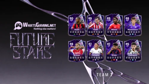 WhatsGaming.net Future Stars — Team 2 graphic with eight football player cards in two rows against a dark purple background
