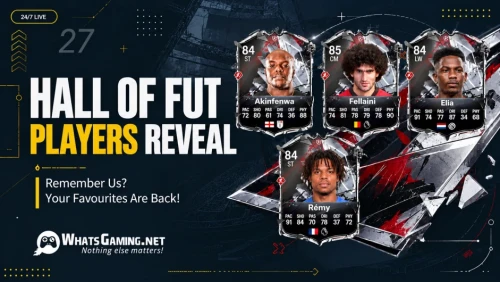 Dark navy football gaming blog cover featuring four Hall of FUT player cards: Akinfenwa (84 ST), Fellaini (85 CM), Elia (84 LW), and Rémy (84 ST). Bold white and yellow text reads “HALL OF FUT PLAYERS REVEAL,” with “Remember Us? Your Favourites Are Back!” below. Metallic black, white, and red card d
