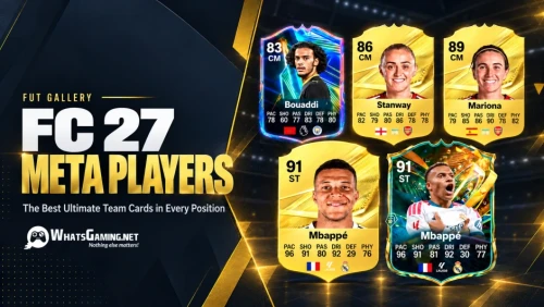 Wide navy-and-gold FC 27 blog cover. The left side reads “FC 27 Meta Players” and “The Best Ultimate Team Cards in Every Position,” with the WhatsGaming.net logo below. Five player cards appear on the right: Bouaddi, Stanway, and Mariona above two Mbappé cards.
