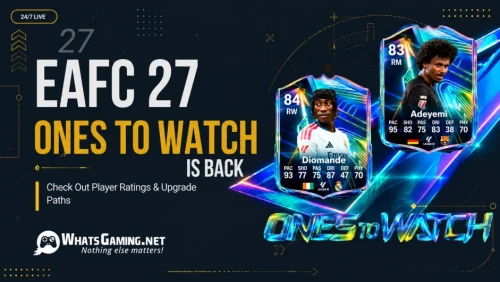 FC 27 Ones to Watch promotional graphic featuring Diomande, Lacroix, and Adeyemi player cards, with neon blue and teal effects and the headline “FC 27 Ones to Watch Is Back!” and “Check Out Players Upgrade Path.”
