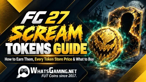 FC 27 Scream Tokens Guide thumbnail with a glowing gold scream token, football player card, and WhatsGaming.net logo on a dark navy and gold background