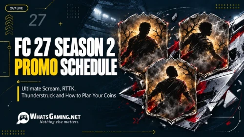 FC 27 Season 2 promo schedule cover featuring three dramatic football player cards, with the headline “FC 27 Season 2 Promo Schedule” and subtitle “Ultimate Scream, RTTK, Thunderstruck and How to Plan Your Coins.”