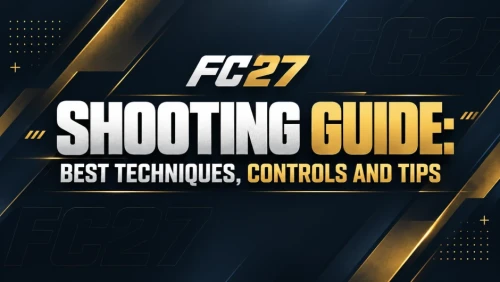 FC 27 Shooting Guide graphic featuring best shooting techniques, controls and tips, with bold white and gold typography on a dark navy and gold esports-style background