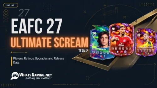 EA FC 27 Ultimate Scream Team 2 cover with Ginola, Olise, and Cristiano Ronaldo player cards on a dark navy and gold background.