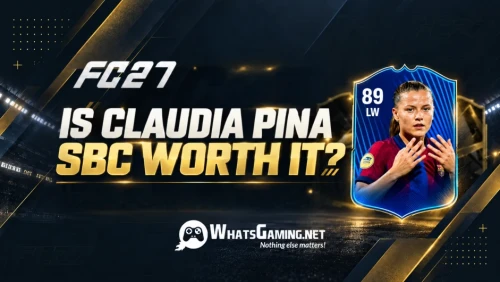 FC 27 blog cover featuring Claudia Pina’s blue POTM card beside the headline “Is Claudia Pina SBC Worth It?”, with the WhatsGaming.net logo below.