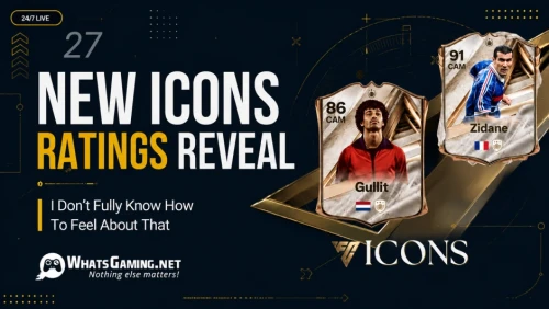 **Alt text:** EA FC 27 New Icons ratings reveal graphic featuring Gullit (86 CAM) and Zidane (91 CAM) Icon cards on a dark navy and gold futuristic background, with bold “NEW ICONS RATINGS REVEAL” text and WhatsGaming.net branding.