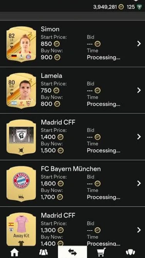 FC 27 Web App transfer list with player cards listed for sale on launch day